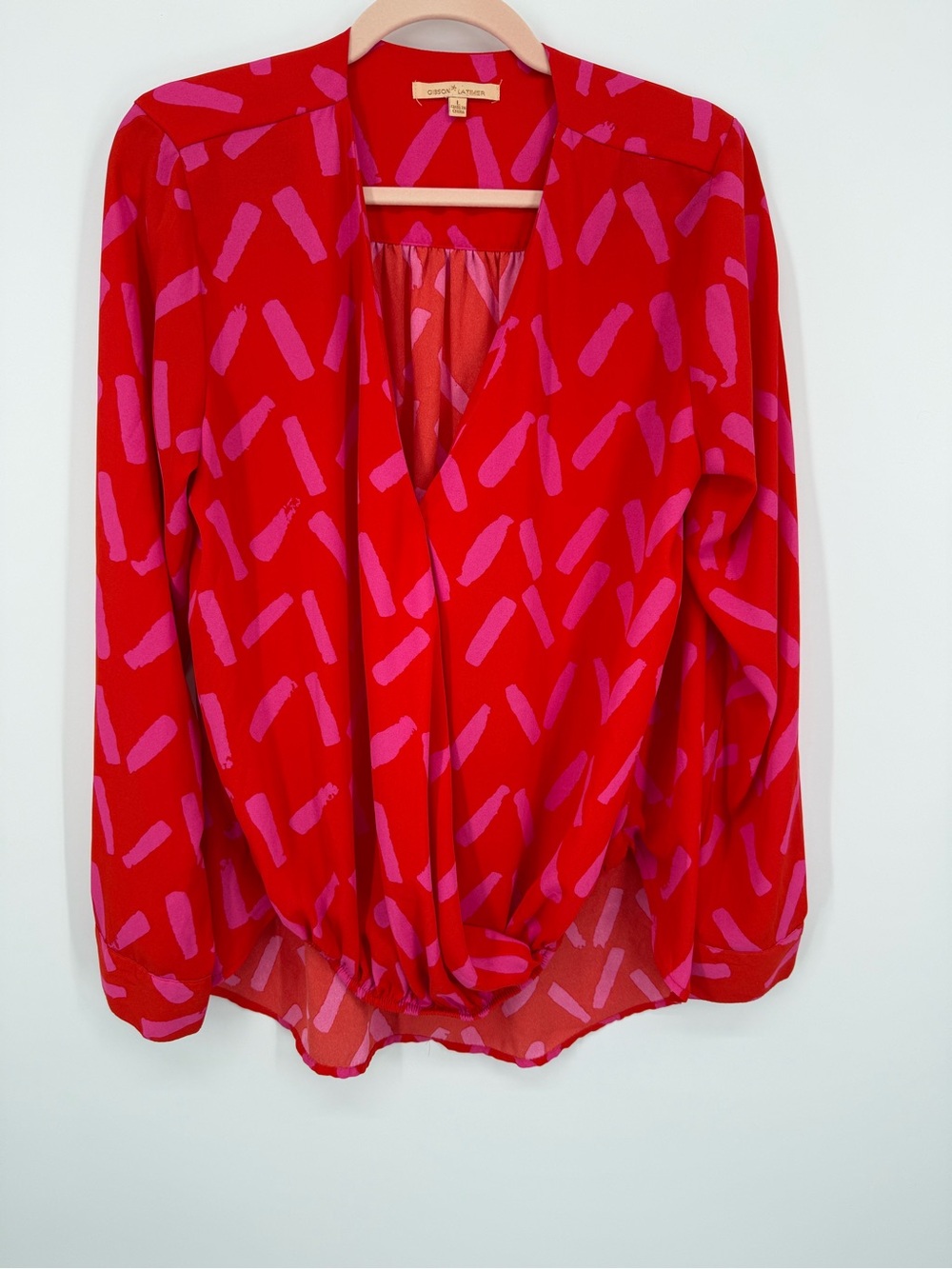 Gibson Latimer Women's Large Red Pink Long Sleeve Wrap Blouse Flowy Dressy Work